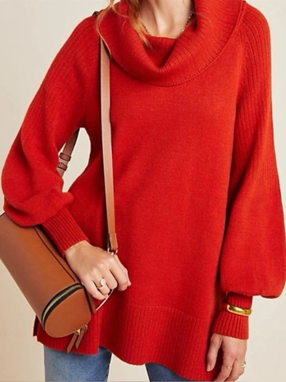 Anthropologie Paloma Ballon Sleeve Cowl Neck Knit Sweater Red Orange | Size Smal